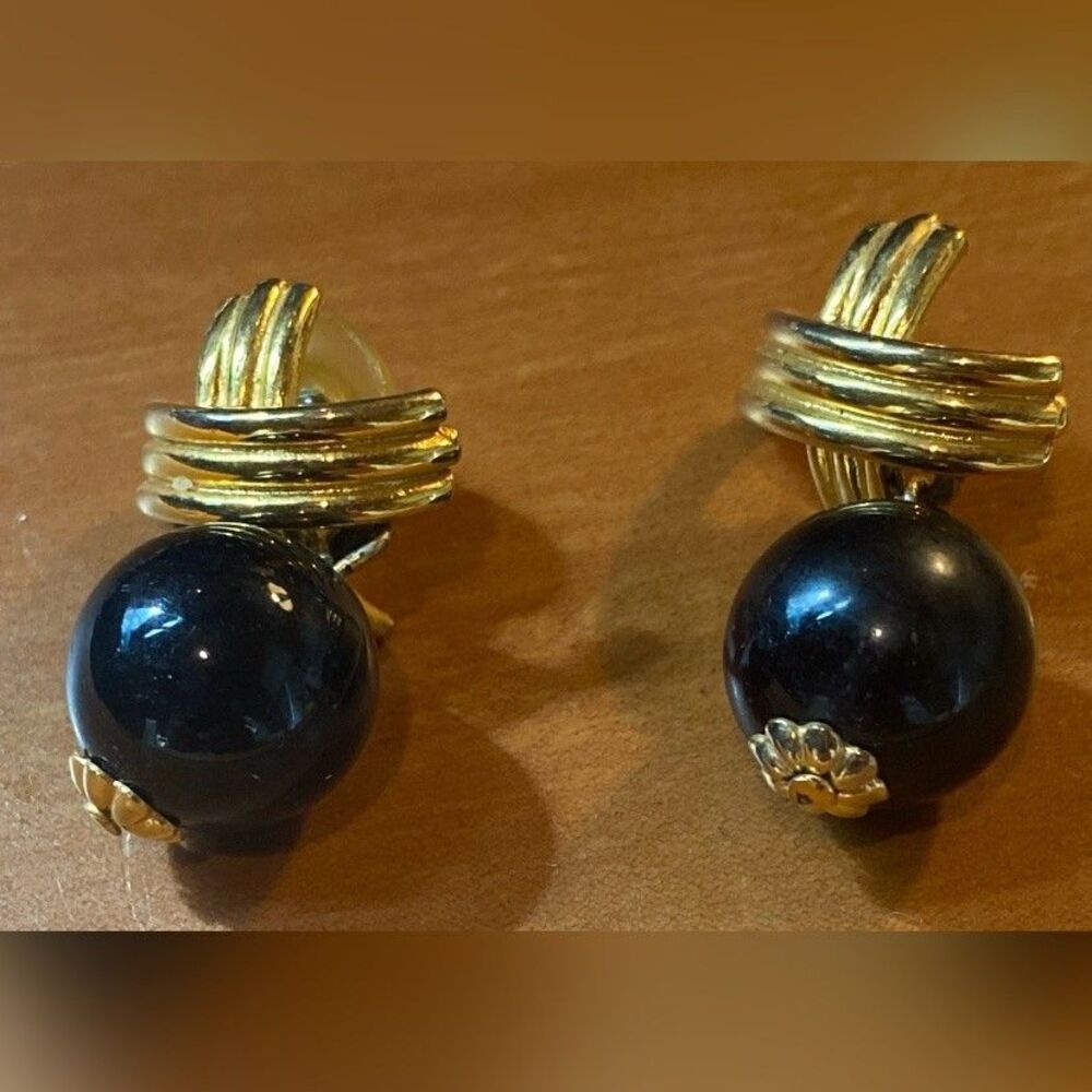 Gold Tone Black Bead Dangle Drop Earrings Womens Post 1.5 Inch Bold Jewelry READ